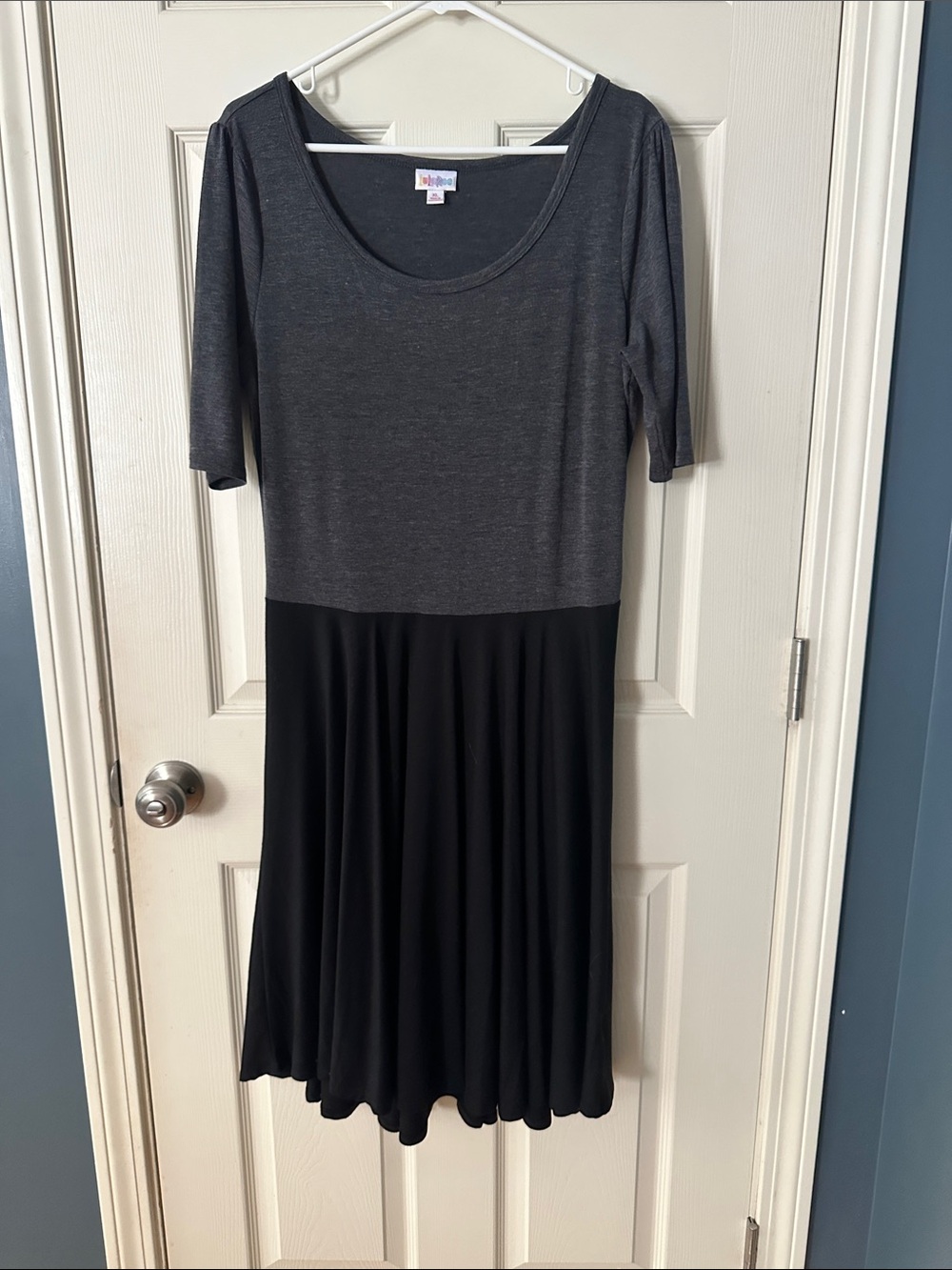 LuLaRoe Two-Tone Scoop Midi Dress in Charcoal & Black